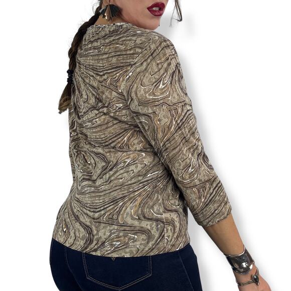 90's tan trippy swirl camo cotton blend scoop neck semi sheer blouse by FRESH - Picture 10 of 16